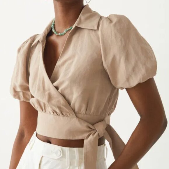 & Other Stories Wrap Top with Puff Sleeves & Side Tie - Picture 2 of 5